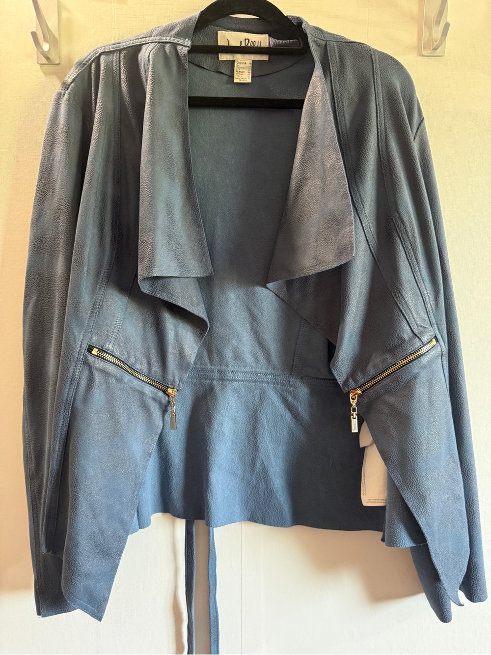 Joseph Ribkoff Size 14 Blue Faux Suede Draped Jacket Belted Zip Pockets